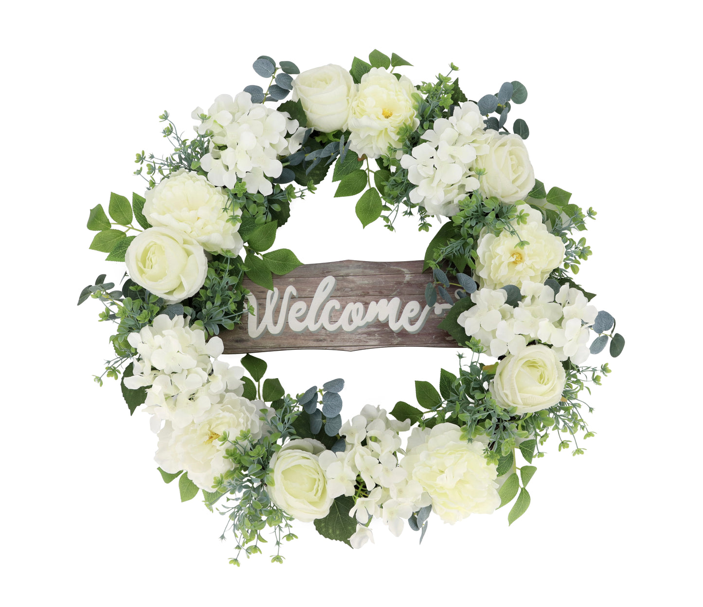 26" Artificial Peony Hydrangea & Rose Floral Spring Wreath with Wood Welcome Sign