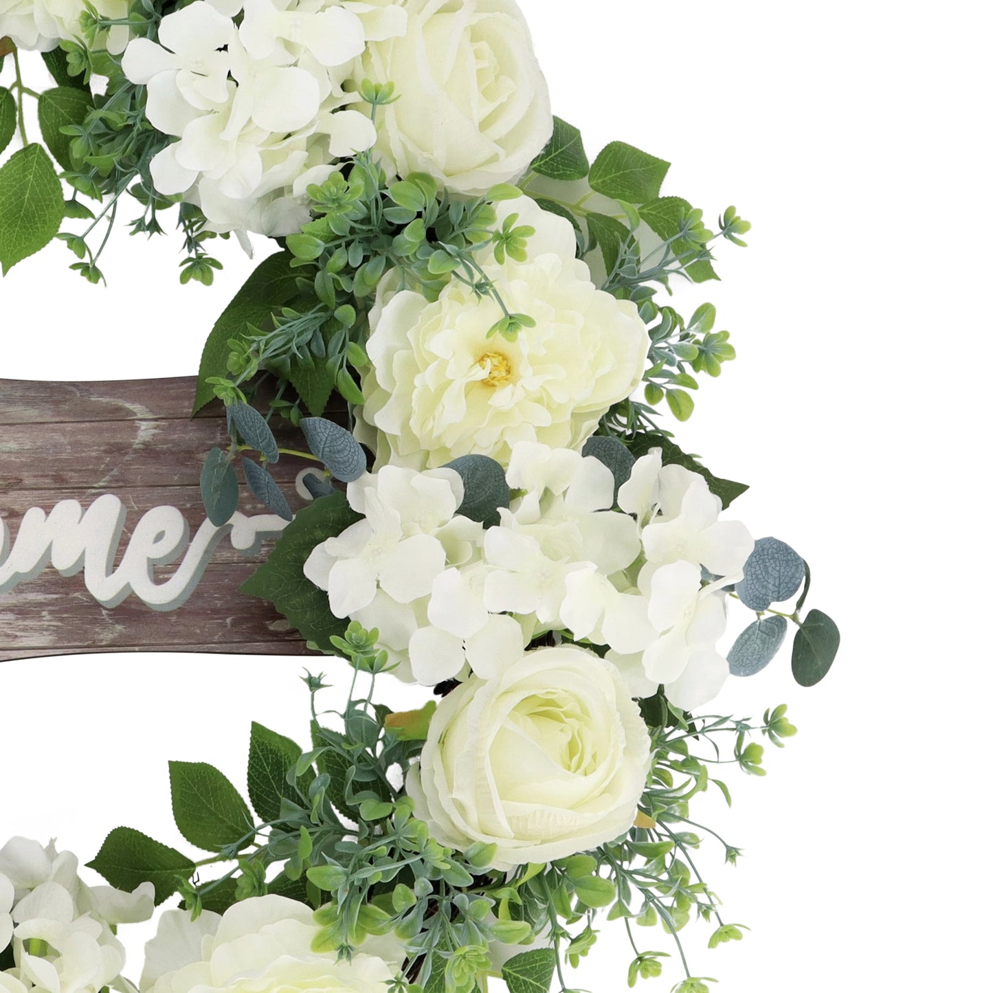 26" Artificial Peony Hydrangea & Rose Floral Spring Wreath with Wood Welcome Sign