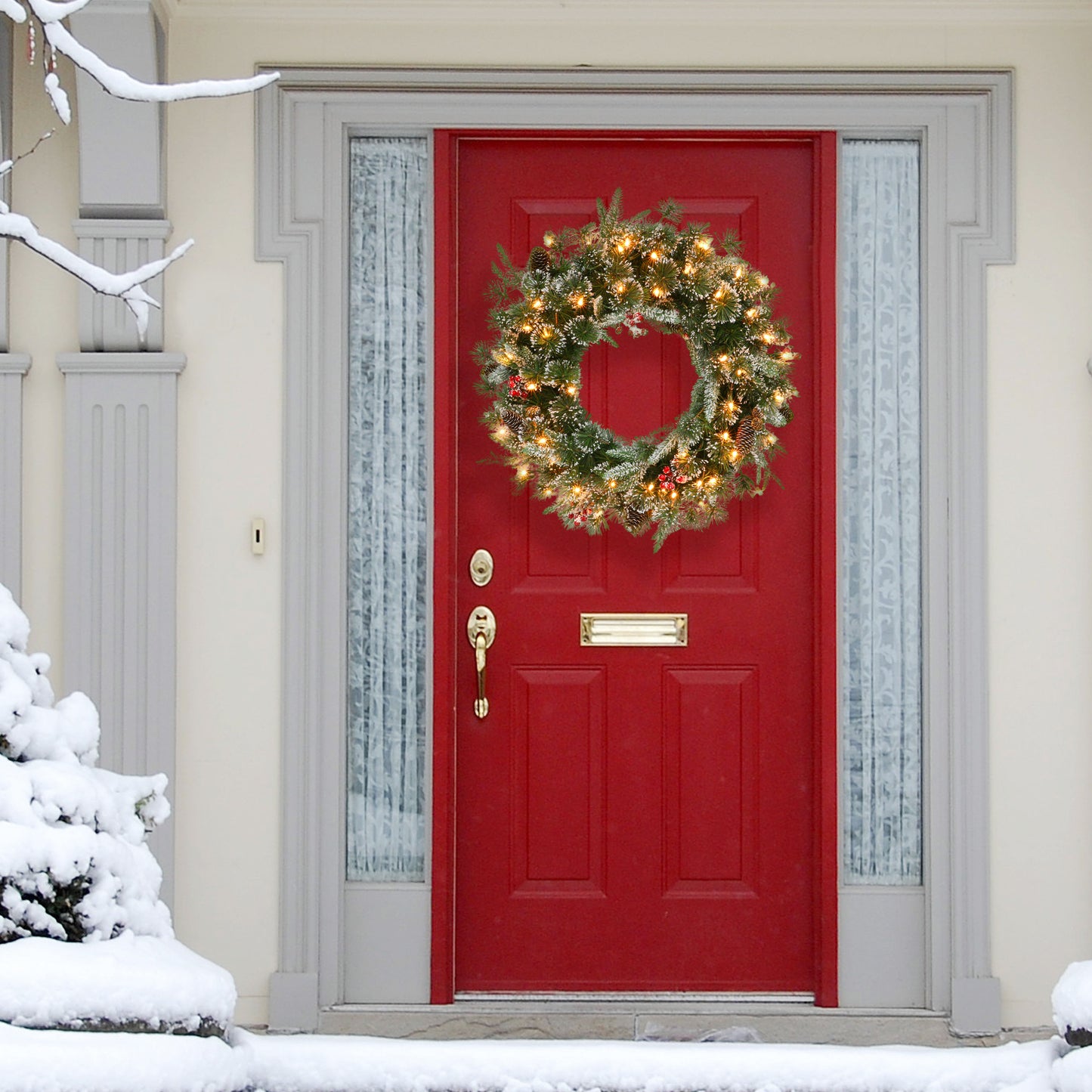 32" Pre-lit Glittery PE/PVC Wreath, 320 Tips, Pine Cones, Berries, 70 UL Clear Lights