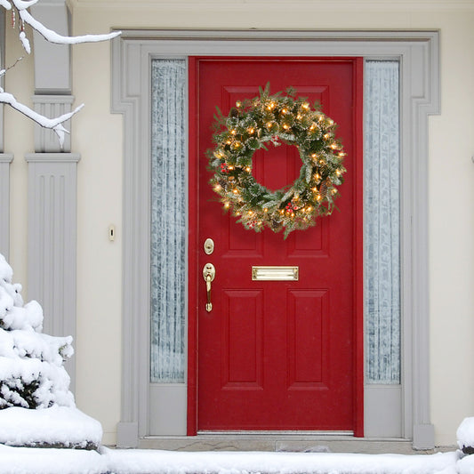 32" Pre-lit Glittery PE/PVC Wreath, 320 Tips, Pine Cones, Berries, 70 UL Clear Lights