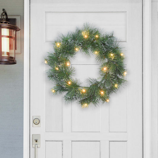 24 in Pre-lit Glittery Wreath, 50 Tips, 50 B/O Warm White LED Lights (3 x AA batteries not included), On/Off Timer Function