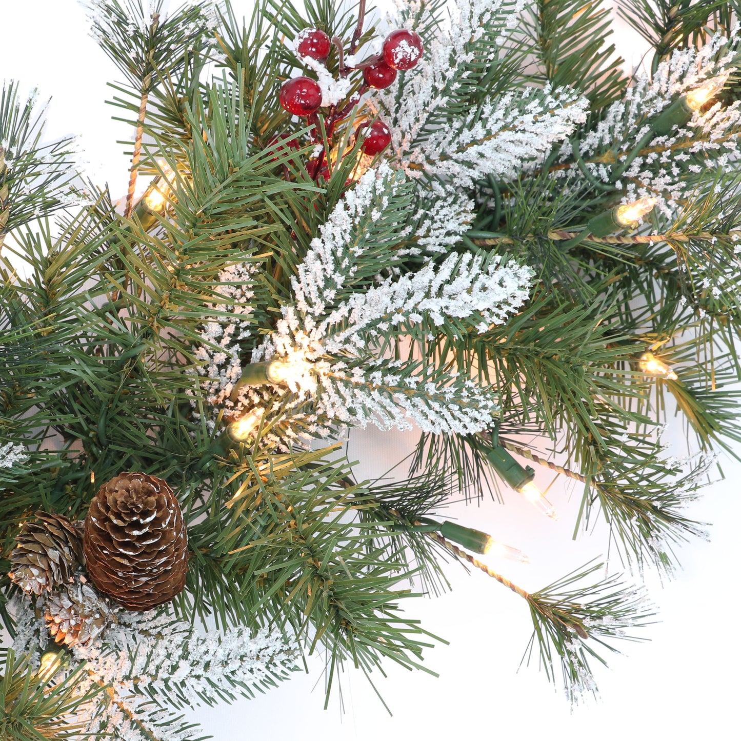 32" Pre-lit Glittery PE/PVC Wreath, 320 Tips, Pine Cones, Berries, 70 UL Clear Lights