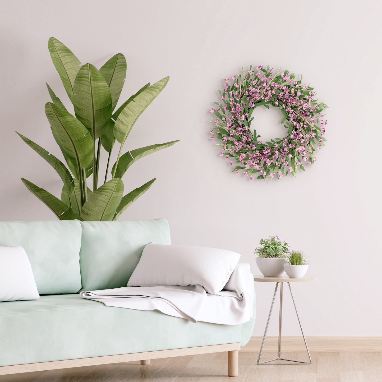 24" Artificial Pea Blossom Floral Pink Spring Wreath