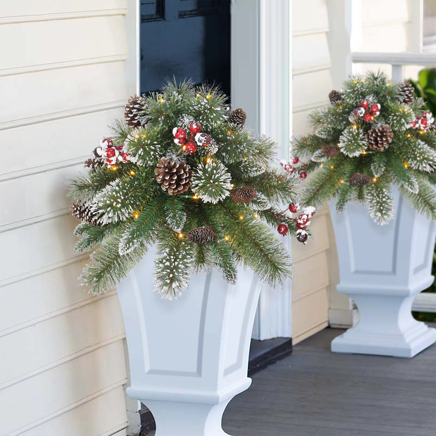18" Snowy Urn Filler, 48 Tips, 35 B/O Warm White LED Lights (3 x AA batteries not included), On/Off Timer Function, Pine Cones & Berries