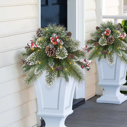 18" Snowy Urn Filler, 48 Tips, 35 B/O Warm White LED Lights (3 x AA batteries not included), On/Off Timer Function, Pine Cones & Berries