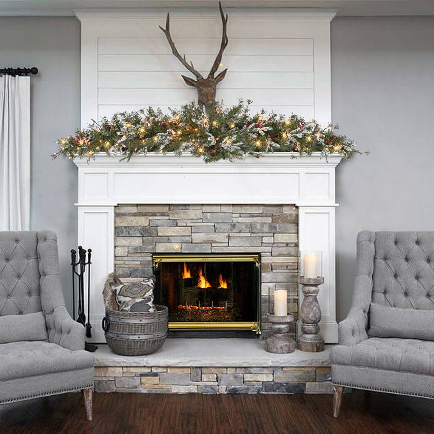 6' PE/PVC Decorated Swag, 202 Tips, 100 UL Clear Lights, Pine Cones & Berries