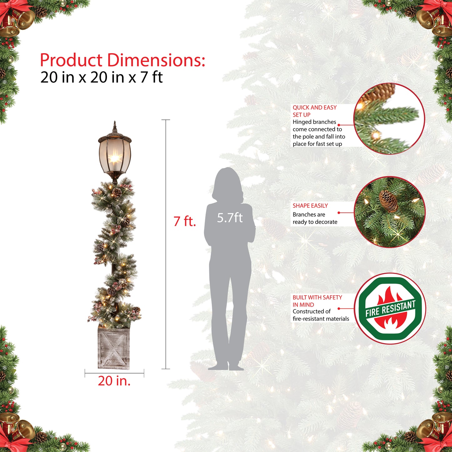 7' Lamp Post with Decorated Garland and 50 Warm White LED Lights