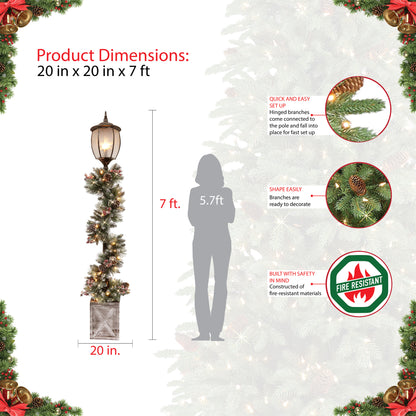 7' Lamp Post with Decorated Garland and 50 Warm White LED Lights