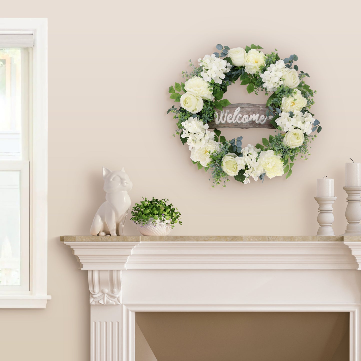 26" Artificial Peony Hydrangea & Rose Floral Spring Wreath with Wood Welcome Sign