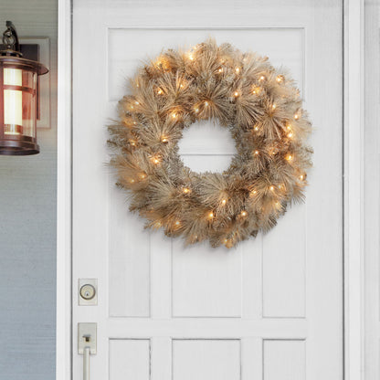 24" B/O Spruce Wreath, Glitter Accents, 110 Branch Tips, 35 Warm White LED Light, On/Off Timer