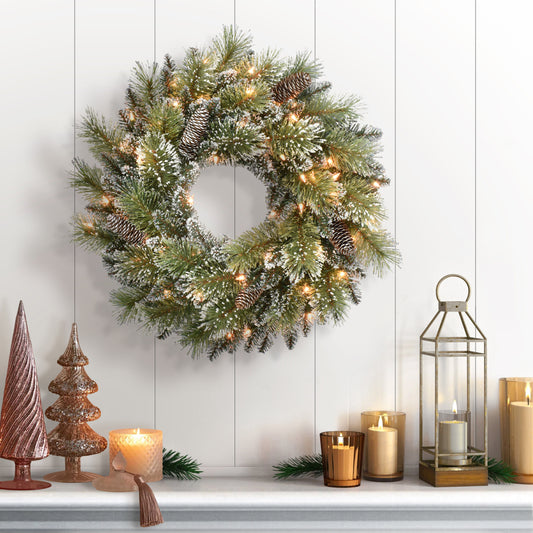 24" Pre-Lit Snowy Wreath with 50 Clear Incandescent Lights