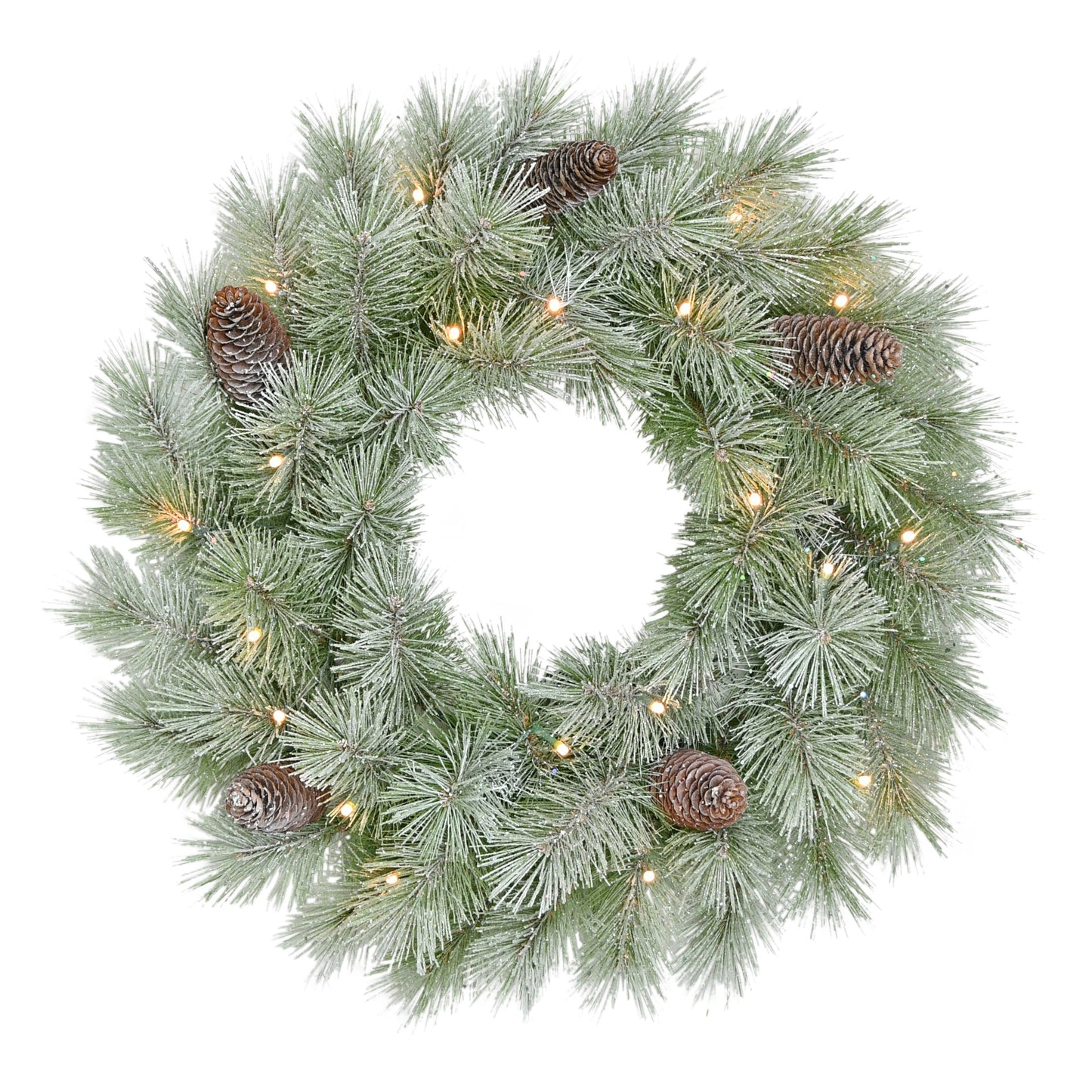 24" Pre-lit B/O Flocked Wreath, 50 Branch Tips, 20 Warm White LED Lights, Pinecones