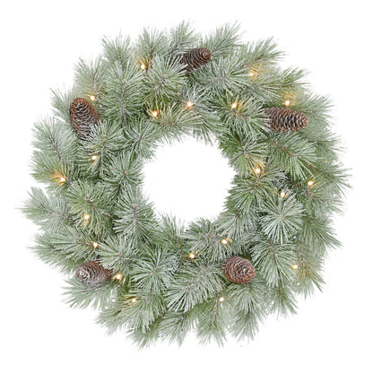 24" Pre-lit B/O Flocked Wreath, 50 Branch Tips, 20 Warm White LED Lights, Pinecones