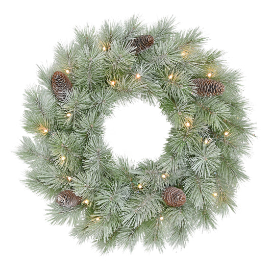24" Pre-lit B/O Flocked Wreath, 50 Branch Tips, 20 Warm White LED Lights, Pinecones