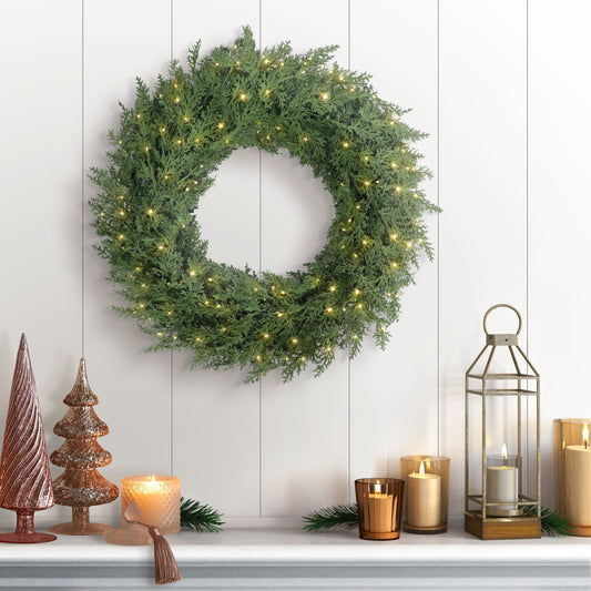 Puleo Classics Prelit Deluxe Cedar Wreath - 24 in B/O Rice Lights