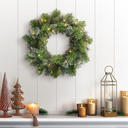 24" Pre-lit B/O Oklahoma Pine Wreath, 90 Branch Tips, 35 Warm White LED Lights