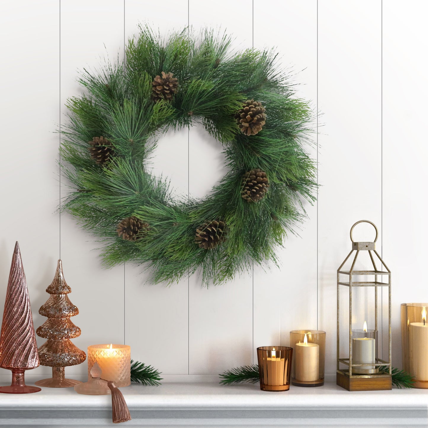 24" Hardneedle Wreath With Pinecones, 48 Branch Tips