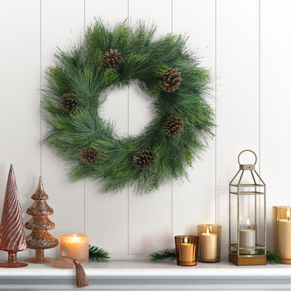 24" Hardneedle Wreath With Pinecones, 48 Branch Tips