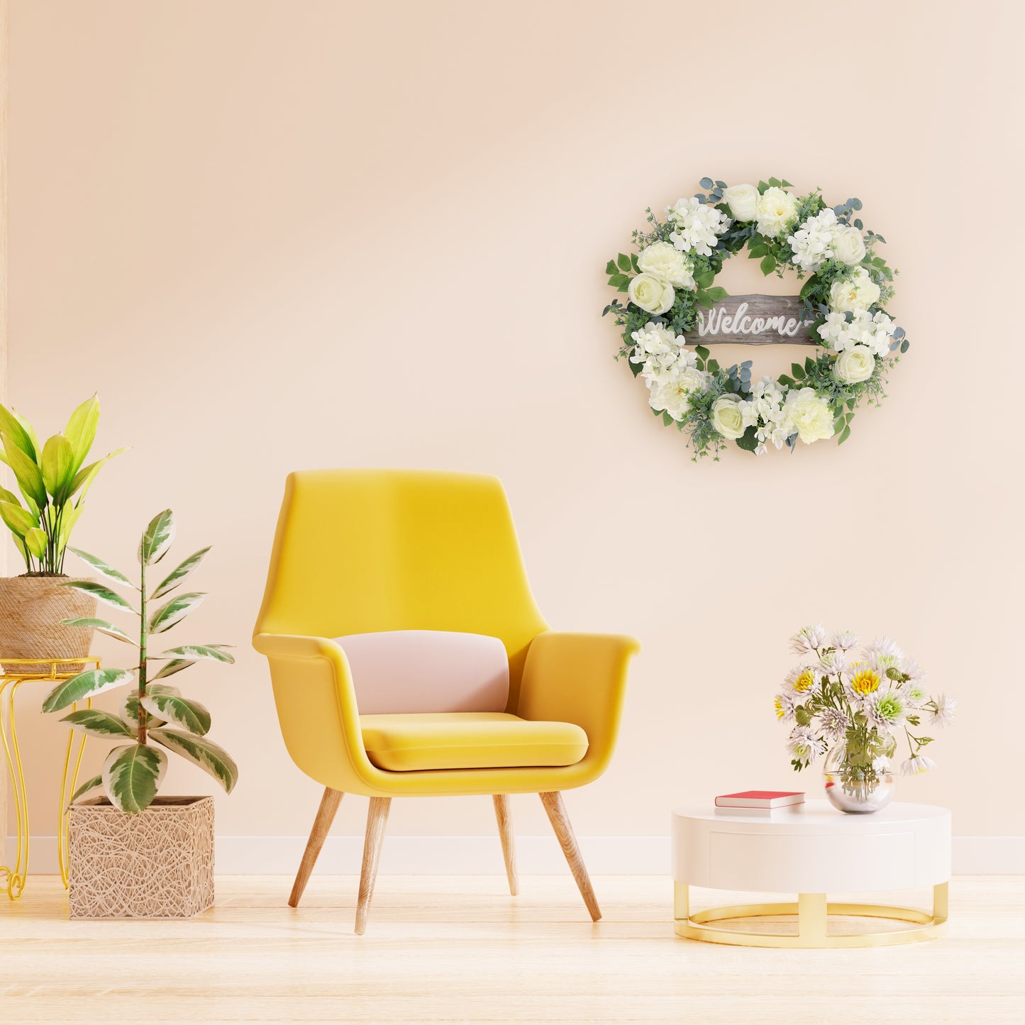 26" Artificial Peony Hydrangea & Rose Floral Spring Wreath with Wood Welcome Sign