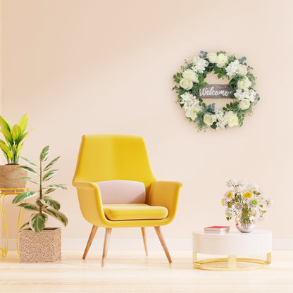 26" Artificial Peony Hydrangea & Rose Floral Spring Wreath with Wood Welcome Sign