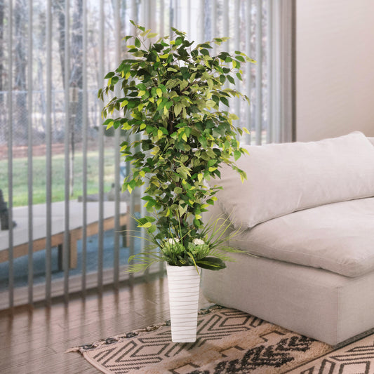 6 ft. Artificial Ficus Microcarpa Tree with White Decorative Pot