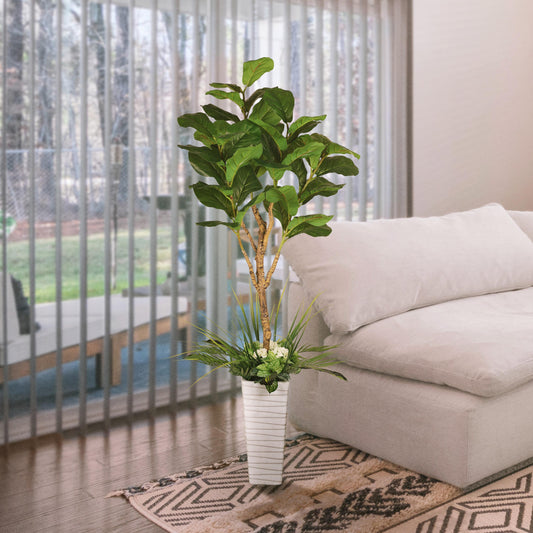 6 ft. Artificial Fiddle Leaf Ficus Tree with White Decorative Pot