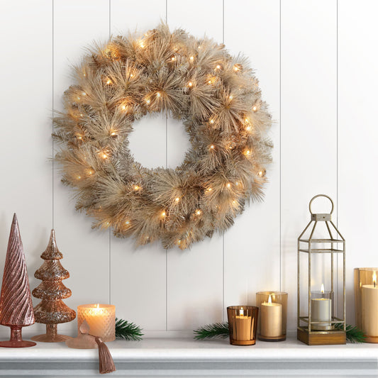 24" B/O Spruce Wreath, Glitter Accents, 110 Branch Tips, 35 Warm White LED Light, On/Off Timer