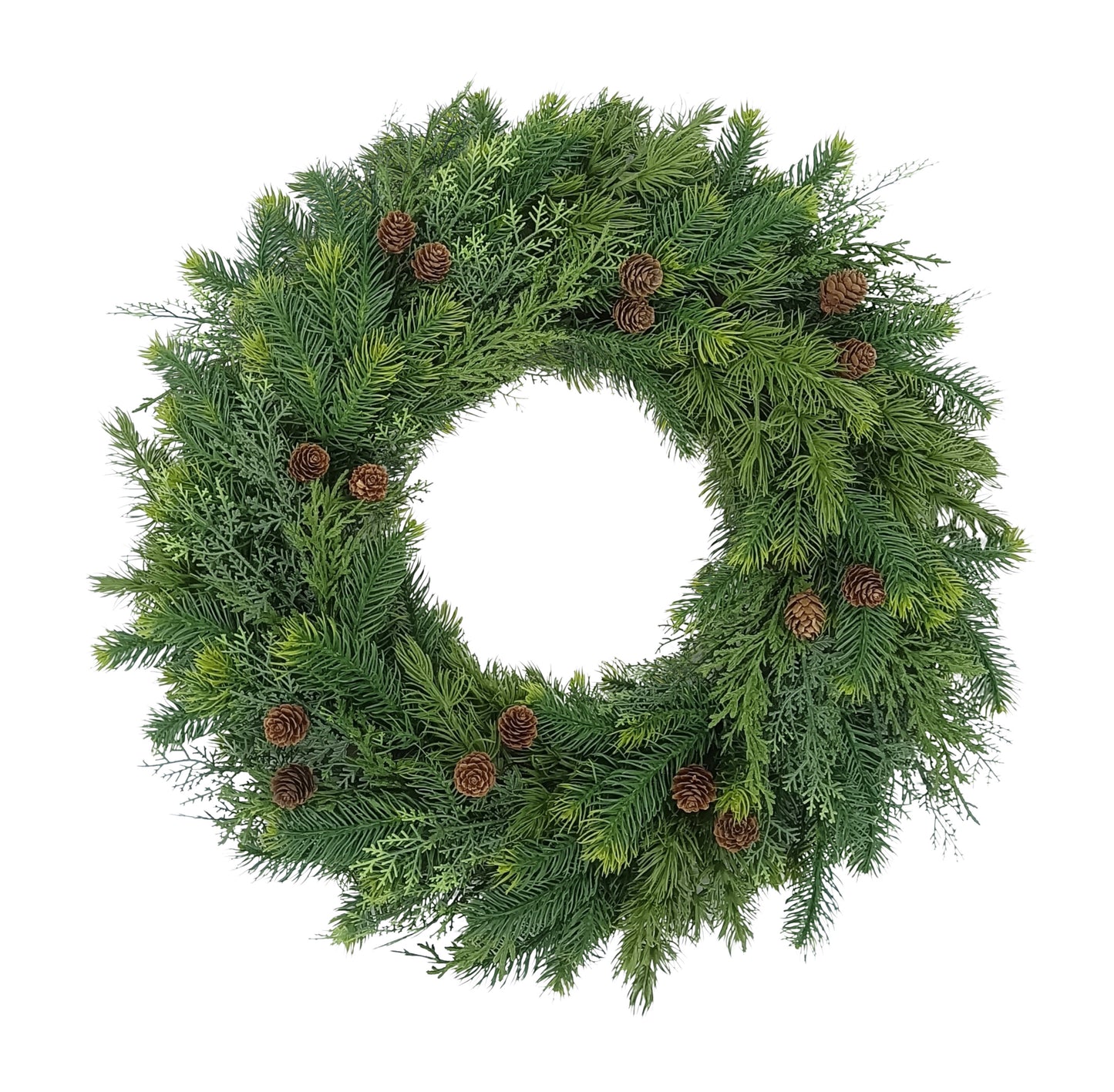 24" PE Wreath With Pinecones, 98 Branch Tips