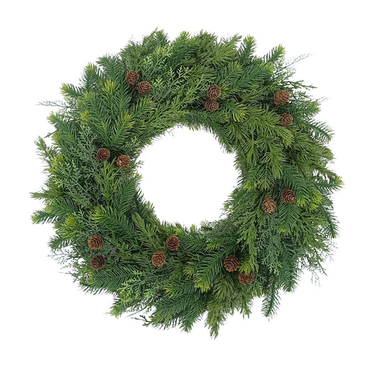 24" PE Wreath With Pinecones, 98 Branch Tips