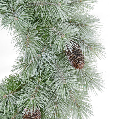 24" Pre-lit B/O Flocked Wreath, 50 Branch Tips, 20 Warm White LED Lights, Pinecones