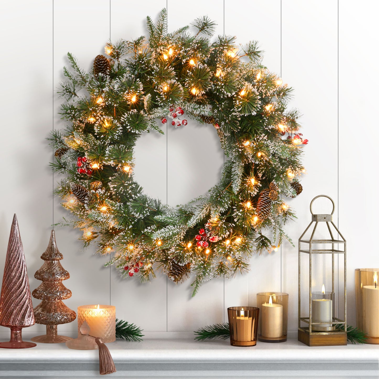 32" Pre-lit Glittery PE/PVC Wreath, 320 Tips, Pine Cones, Berries, 70 UL Clear Lights