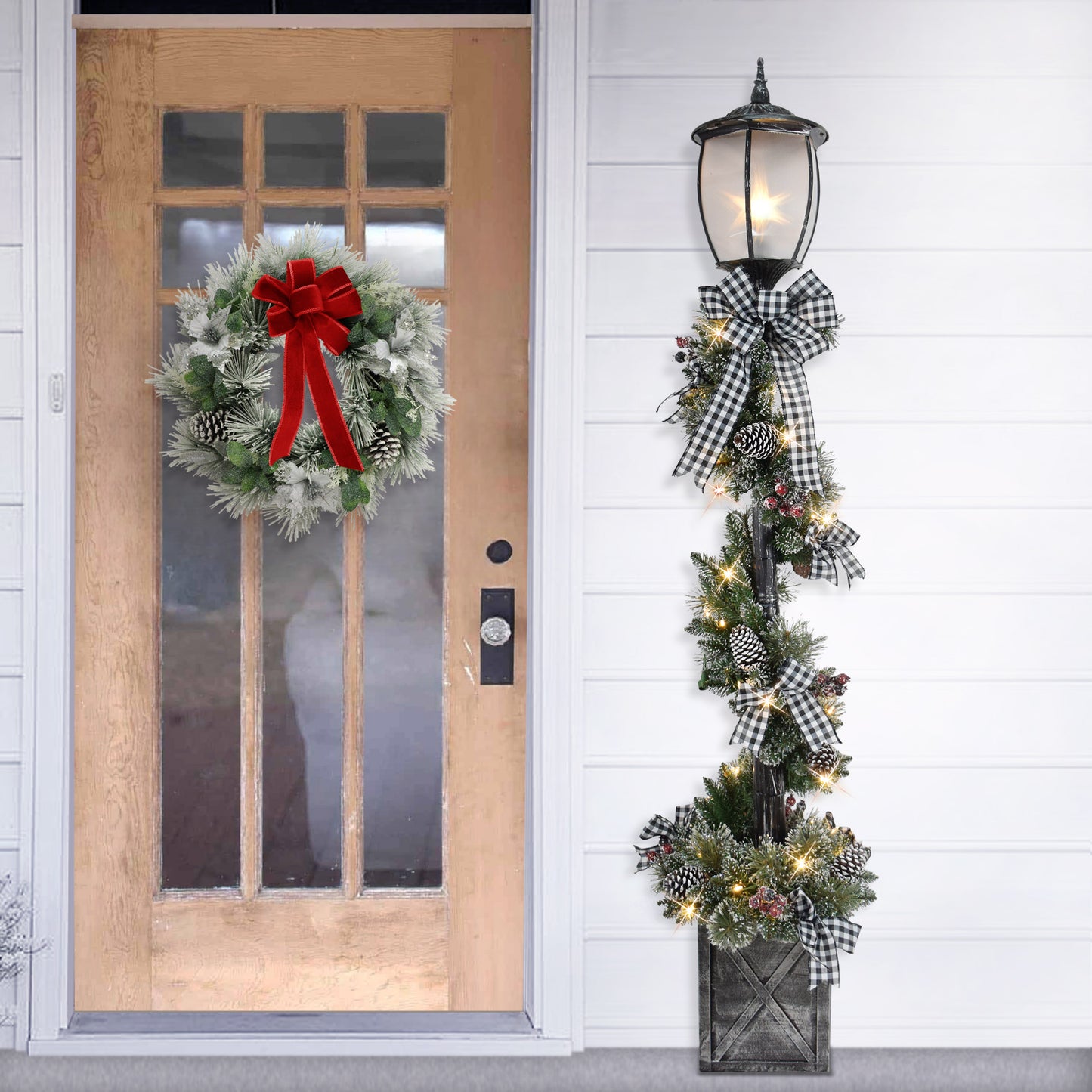 7ft Pre-Lit Snowy Lamp Post, 6 Bows, 200 Branch Tips, 50 Warm White LED Lights, UL  Adaptor