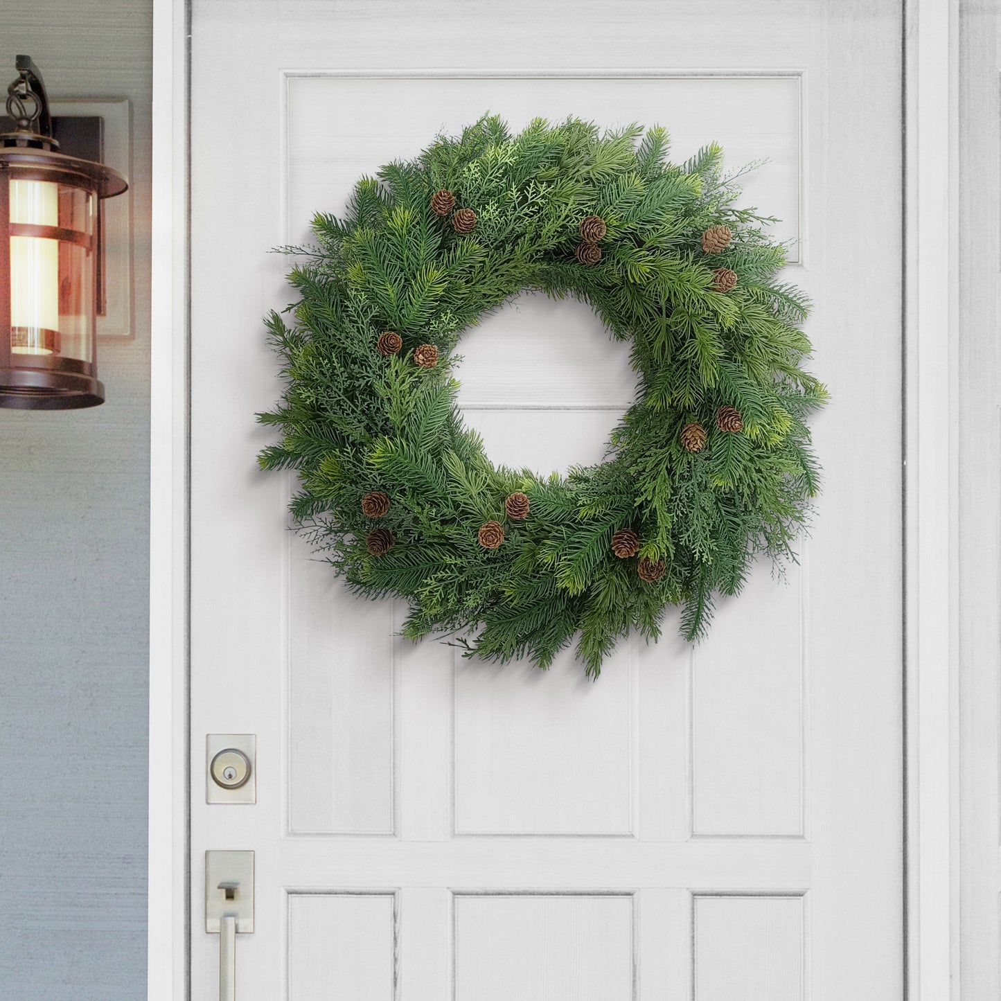 24" PE Wreath With Pinecones, 98 Branch Tips