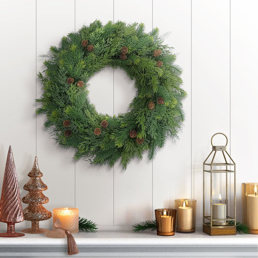 24" PE Wreath With Pinecones, 98 Branch Tips