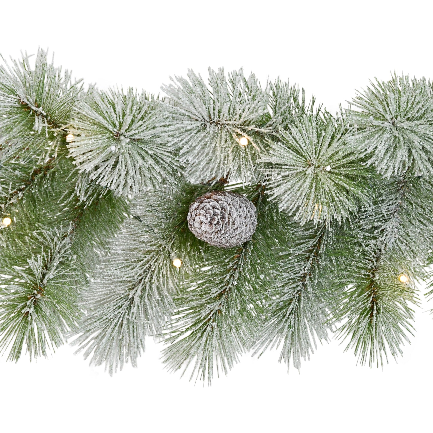 9ft x 10" Pre-lit B/O Flocked Garland, 76 Branch Tips, 40 Warm White LED Lights, Pinecones