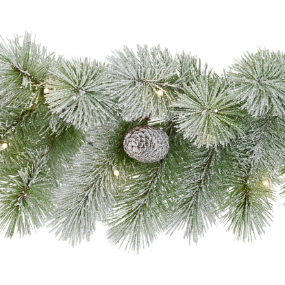 9ft x 10" Pre-lit B/O Flocked Garland, 76 Branch Tips, 40 Warm White LED Lights, Pinecones