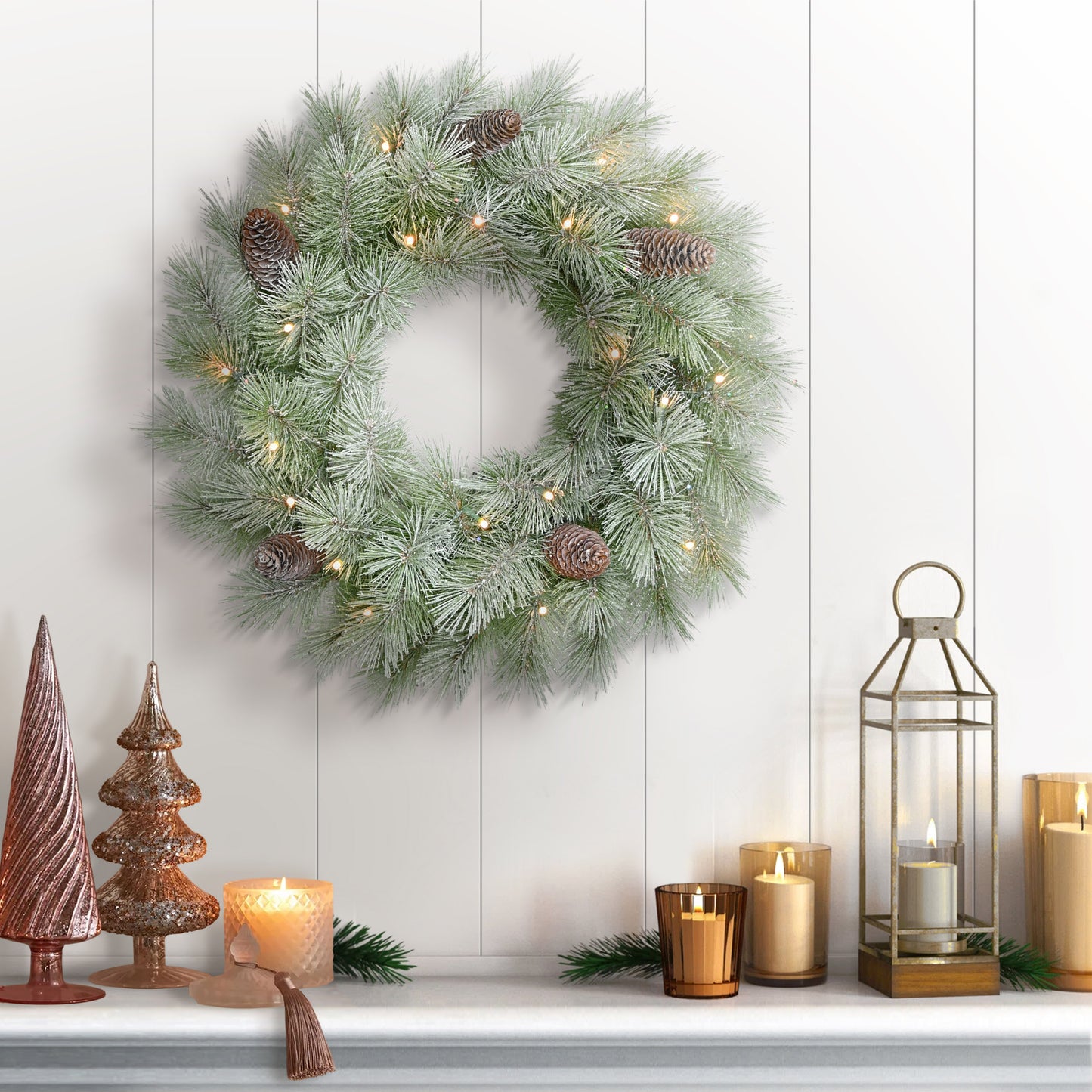 24" Pre-lit B/O Flocked Wreath, 50 Branch Tips, 20 Warm White LED Lights, Pinecones