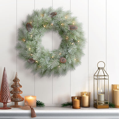 24" Pre-lit B/O Flocked Wreath, 50 Branch Tips, 20 Warm White LED Lights, Pinecones