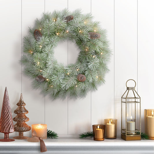 24" Pre-lit B/O Flocked Wreath, 50 Branch Tips, 20 Warm White LED Lights, Pinecones