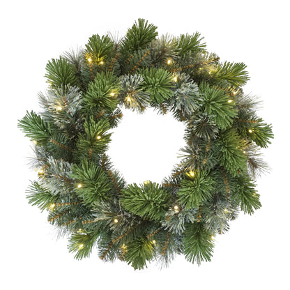 24" Pre-lit B/O Oklahoma Pine Wreath, 90 Branch Tips, 35 Warm White LED Lights