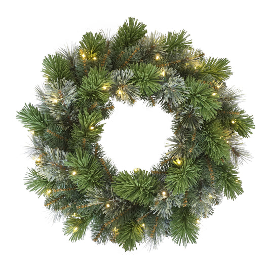 24" Pre-lit B/O Oklahoma Pine Wreath, 90 Branch Tips, 35 Warm White LED Lights