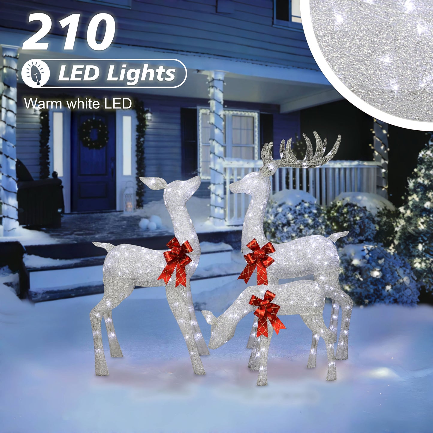 Lighted Outdoor 3-Piece Deer Family includes Buck Doe & Fawn Silver