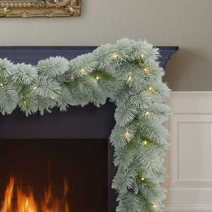 9ft x 10" Pre-lit B/O Flocked Garland, 76 Branch Tips, 40 Warm White LED Lights, Pinecones