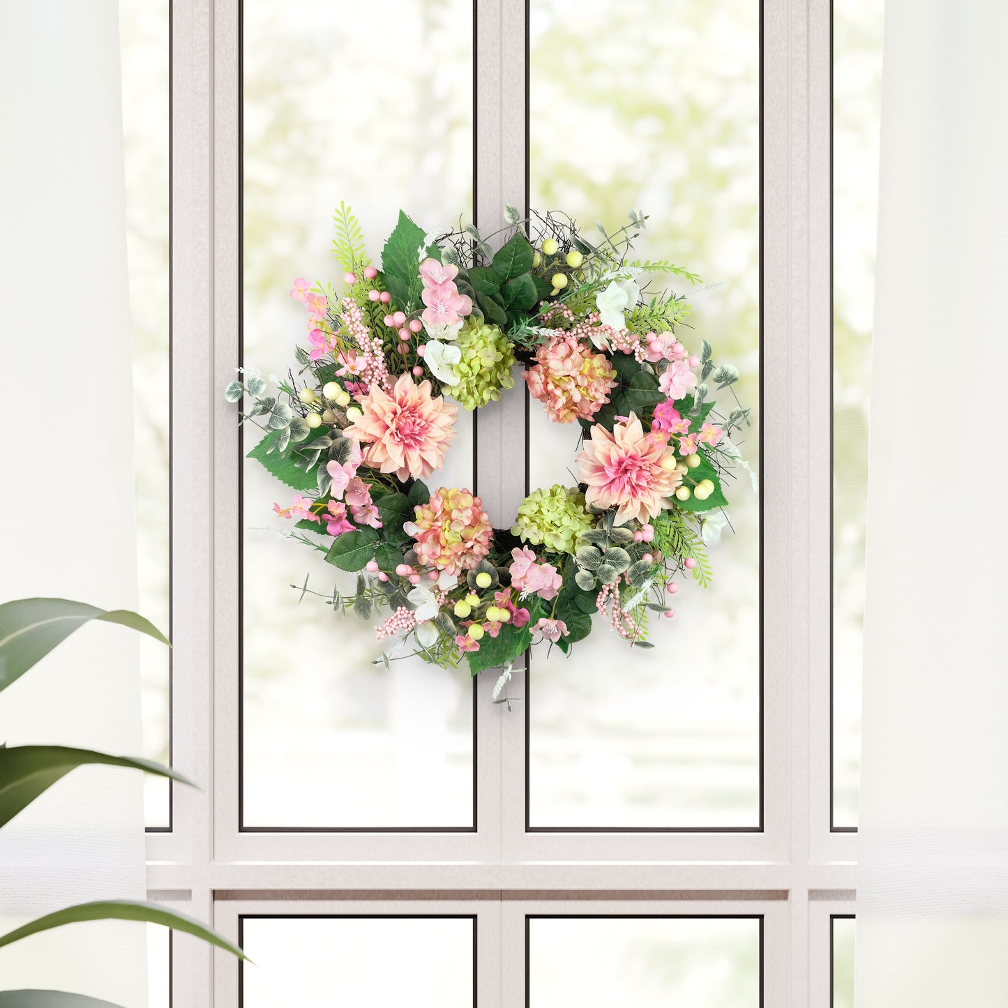 26" Artificial Hydrangea & Dahlia Floral Spring Wreath