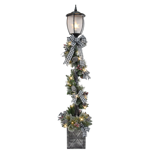 7ft Pre-Lit Snowy Lamp Post, 6 Bows, 200 Branch Tips, 50 Warm White LED Lights, UL  Adaptor