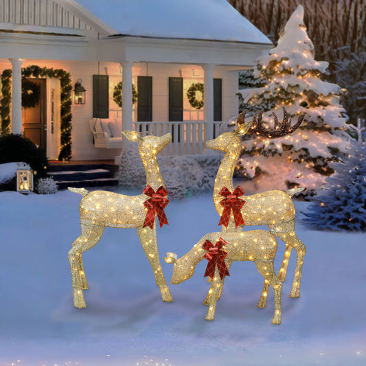 Set of 3 Deer Family with 210 Warm White LED Lights UL Adapter Outdoor or Indoor Use