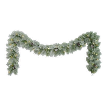 9ft x 10" Pre-lit B/O Flocked Garland, 76 Branch Tips, 40 Warm White LED Lights, Pinecones