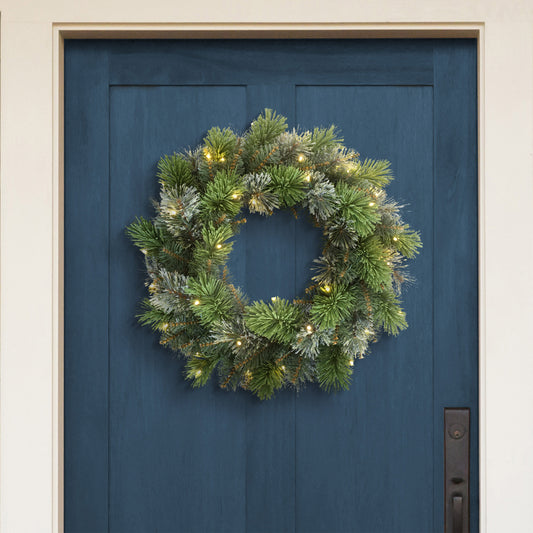 24" Pre-lit B/O Oklahoma Pine Wreath, 90 Branch Tips, 35 Warm White LED Lights
