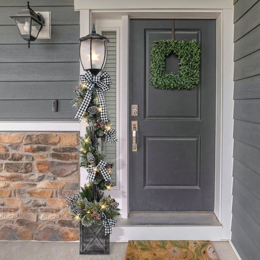 7ft Pre-Lit Snowy Lamp Post, 6 Bows, 200 Branch Tips, 50 Warm White LED Lights, UL  Adaptor