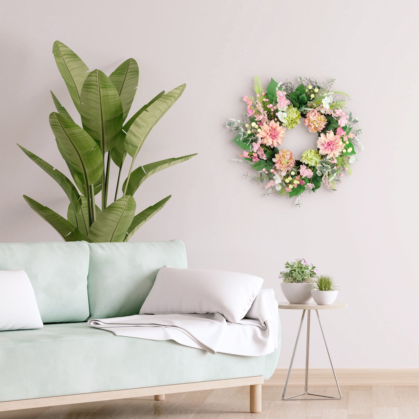 26" Artificial Hydrangea & Dahlia Floral Spring Wreath